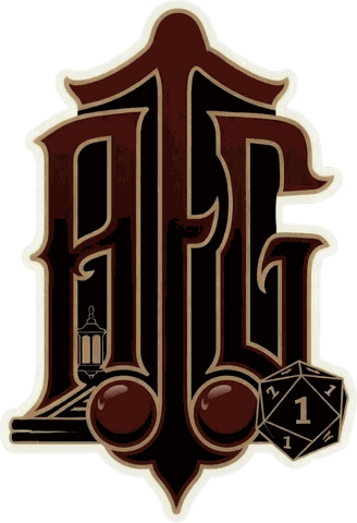 The A Friend Group crest: a blackletter AFG in oxblood and gold, with a lantern and a d20 showing a natural 1
